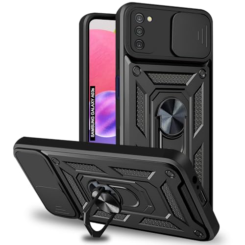 Image of AESTMO Tough Armor Samsung Galaxy A03S Bumper Back Case Cover | Ring Holder & Sliding Camera Shield Cover | 360 Degree Protection Back Case Cover for Samsung Galaxy A03S (Black)