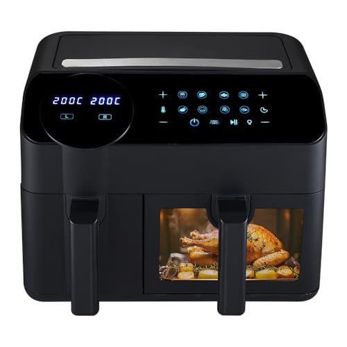 KOMORE 9.5L Dual Zone AirFryer, 2 Drawers, 8-in-1 with Visual Window, 2400W Energy-Saving, Digital AirFryer with Touch Screen, Rapid Air Technology, Timing, Oil-Free, Non-Stick, Dishwasher Safe, Black