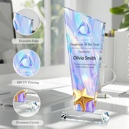 Image of Custom Crystal Trophy Award Personalized Plaque Award with Text Logo Photo Awards Trophies for Employee Recognition Team Graduation Personalized Office Gifts for Boss Coworker Teacher
