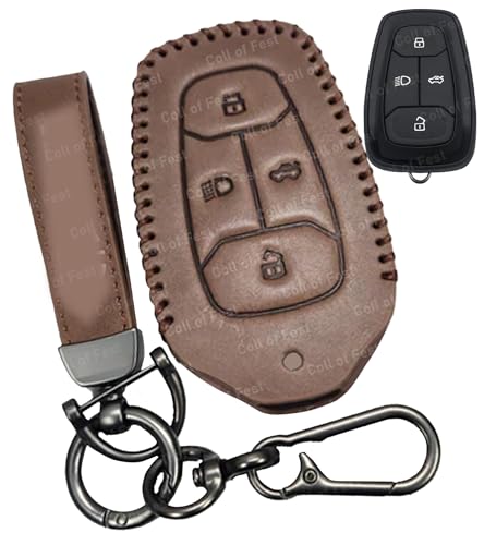 Image of Soft Handmade Leather Key Cover Compatible with Tata Nexon, Harrier | Safari | Altroz | Tigor | Ev | Punch | Tiago Ev Electric 4 Button Smart Key Protection with Keychain (Brown)