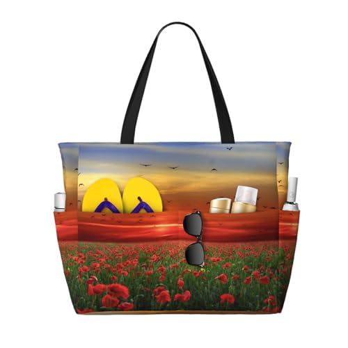Grand sac de plage pour femme à motif pavot rouge idéal pour vos journées ensoleillées