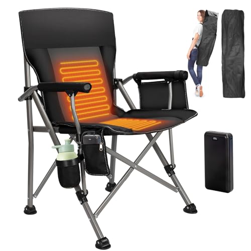 Heated Camping Chair with 20,000 mAh Battery, Loog-Lasting for 500 Mins, Fully Padded Heated Camp Chairs, Heavy Duty Folding Chairs Supports 500 lbs for Winter Camping, Picnics, Tailgating, RV Travel