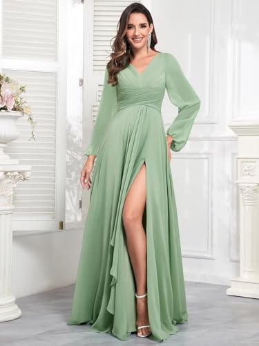 Chiffon Long Sleeve Bridesmaid Dresses with Pockets Long Pleated V Neck Formal Evening Gown for Women2