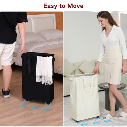 efluky Slim Laundry Hamper with Wheels, Rolling Laundry Basket for Clothes, Small Laundry Basket for Bedroom, Dorm and Laundry Room, 60L (12.7 Gallons) Beige