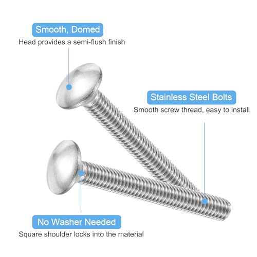 Image of uxcell 5 /16-18x2-1 /2 Carriage Bolt, 8pcs Round Head Square Neck Screws, 304 Stainless Steel, Fully Threaded, Silver