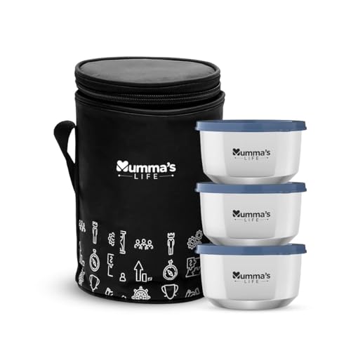 Image of Mumma's LIFE Stainless Steel Lunch Box with 3 Leakproof Air-Tight Stainless Steel Round Containers and Cover Bag | Stainless Steel & Spill Proof Lunch Box (Kuku 600mlx2 & 425x1)
