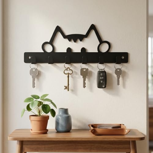 Image of Key Holder for Home, Metal Wall Mounted, 6 Hooks (Cute Cat) | Cat Design, Includes Mounting Screws, For Home Use, 6 Hook Hanger, Metal Construction
