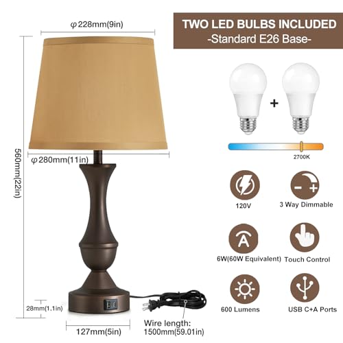 Image of Luvkczc 22 inch Table Lamp Set of 2 - Farmhouse Vintage Brown Bedside Lamp | Brown Fabric Shade, Dimmable, USB C+A Ports, Nightstand Lamp for Living Room Bedroom (Bulb Included)