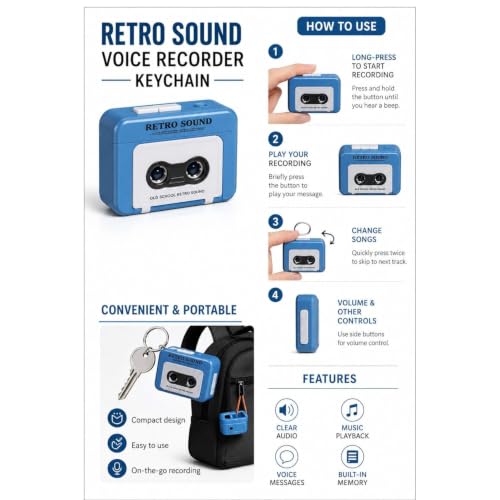 Image of Retro Mini Tape Recorder Keychain with 15 Second Voice Recording & Playback, Vintage Cassette Design, Funny Voice Message Keyring, Gift for Kids & Adults (Multicolor) (Pack of 1)