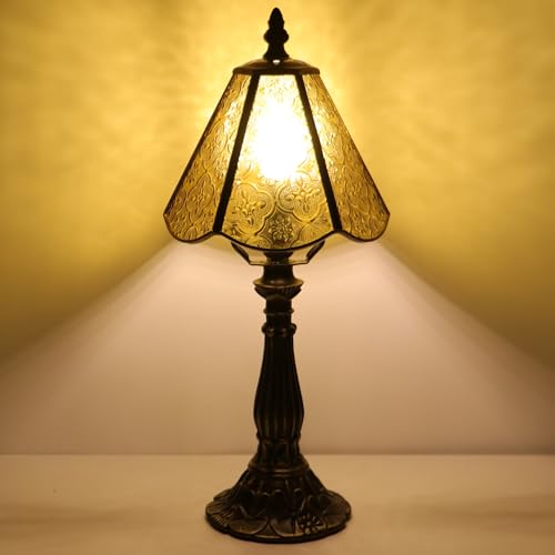 Small Tiffany Table Lamp Yellow Plum Blossom Style Stained Glass Desk Lamps 6X6X14 Inch Bronze Resin Base Antique Mini Accent Light - Image 6