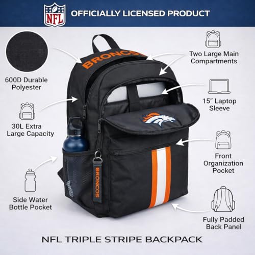 Image of NFL Denver Broncos Backpack - Triple Stripe Wordmark Design with Keychain
