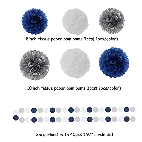 Image of Navy Blue White Silver Party Decorations,23pcs Kit Graduation 2026 Tissue Paper Pom Poms Streamers,Tassel Garland Banner Flowers,Men Birthday Bachelorette Baby Shower Christmas Decor Lasting Surprise
