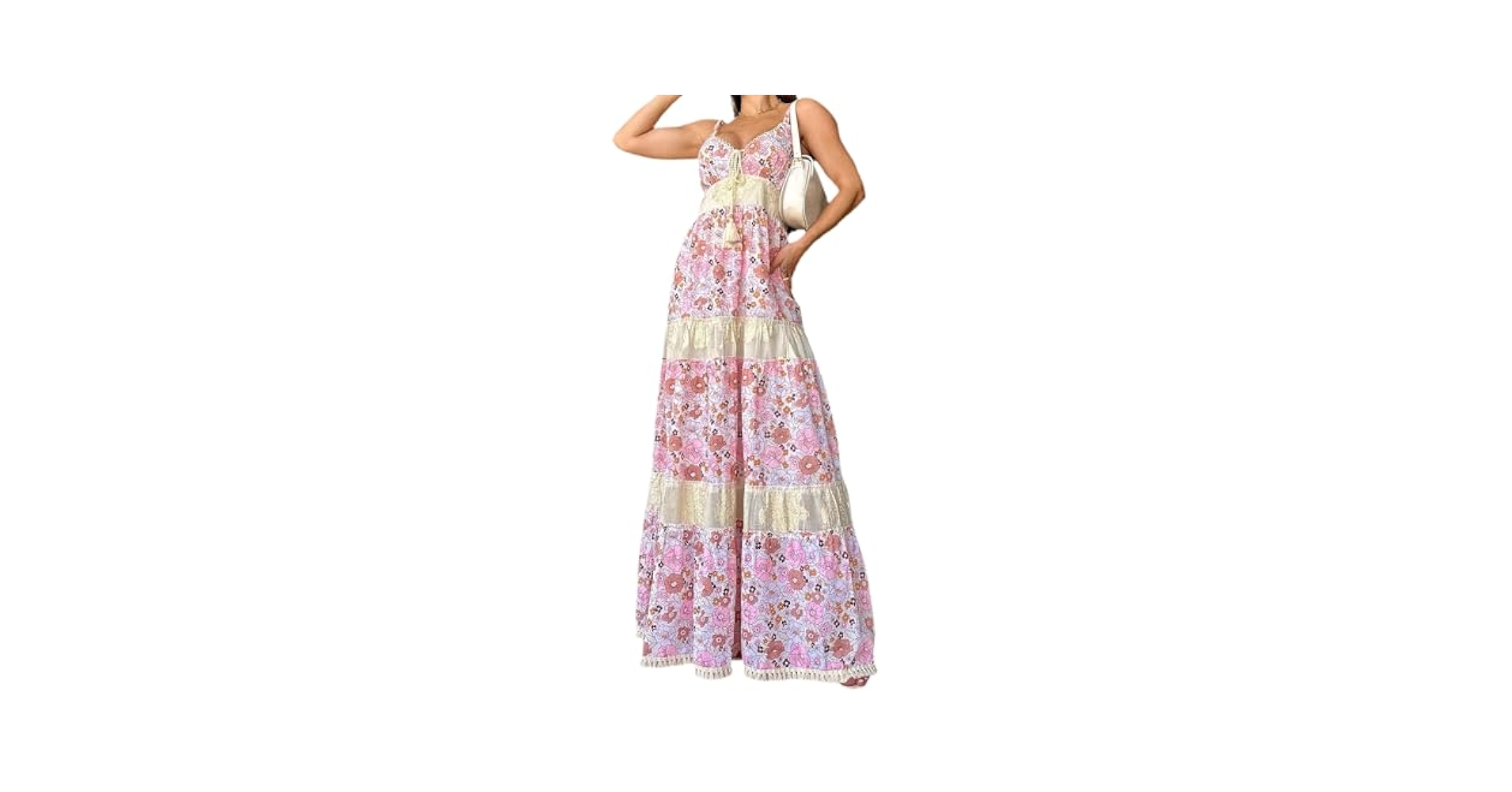 VIP【関税送料無料】希少 CAMILLA WHITE AND PINK SILK DRESS Women Lace Patchwork Maxi Dress Y2k Smocked Sleeveless V