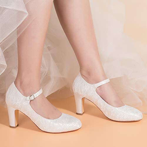 JIAJIA 342158 Women's Memory Foam Bridal Shoes Closed Toe 2.9'' Block Mid Heel Lace Satin Pumps Wedding Shoes2