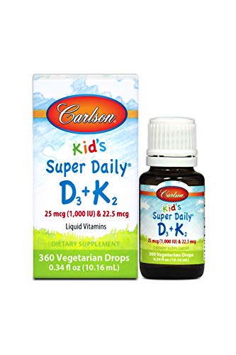 Carlson - Kid's Super Daily D3+K2, 25 mcg (1,000 IU) D3 & 22.5 mcg K2, Vitamin D Drops with Vitamin K2, Liquid Vitamins, 1000 IU Vitamin D3, Heart & Bone Health, 1-Year Supply, Unflavored, 360 Drops