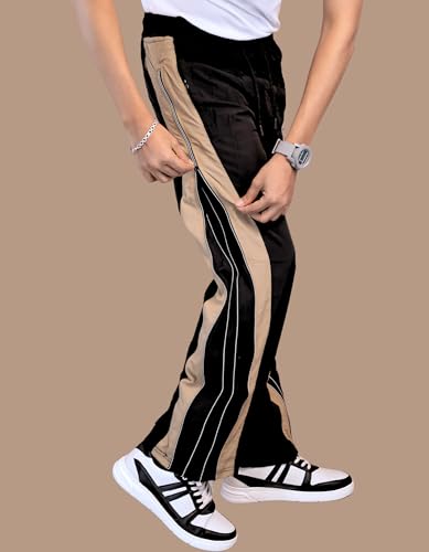 Image of Men's Track Pants, Loose Fit Bootcut Style, Black with Beige Side Stripe,Sports Track Pant for Men | Track Pant Men | Men Stylish Track Pant Boot Cut Style