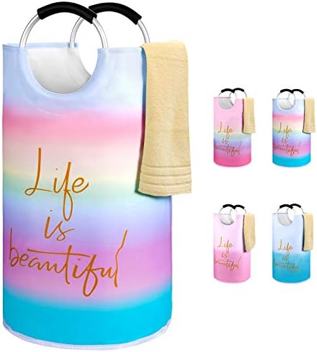 Erimaki 130L XL Foldable Laundry Basket With Handle, Waterproof Extra Large Collapsible Laundry Hamper, Freestanding Big Tall Baskets For Kids Girls Women Clothes In Bedroom Bathroom, Rainbow Blue
