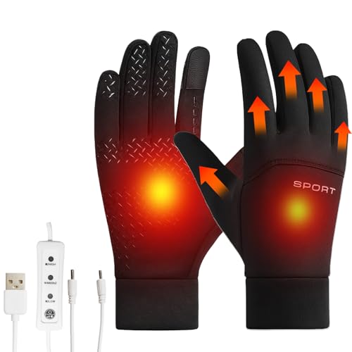 Carreuty USB-Beheizte Handschuhe für Herren Damen, Winterhandschuhe Touchscreen Beheizbare 3 Temperaturen, Wasserdichte Winddicht Warme Handschuhe für Outdoor Motorrad Fahrrad Ski Frauen Männer