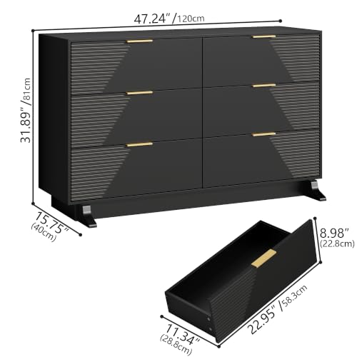Image of Gyfimoie 47.24 inch Wide Dresser for Bedroom, 6 Drawer Black Dresser with Gold Metal Handle & Fluted Design, Chest of Drawers with Sturdy Base, Wood Dressers for Bedroom, Living Room, Hallway