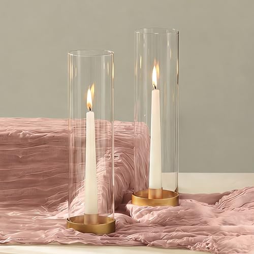 NUPTIO Glaszylinder für Kerzen Kerzenhalter Gold: 30cm Satz Von 2 Klarglas Metall Kerzenständer Stabkerzen Stabkerzenhalter Groß Bodenlosen Zylinder...