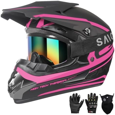 Youth Kids Motocross Helmet, Adult ATV Dirt Bike Helmet, Off-Road BMX 4-Wheeler Full Face Motorcycle Helmet W/Goggles Gloves & Mask, DOT Approved, Pink, M