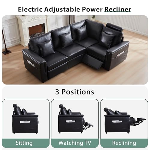 Image of RARZOE Faux Leather Sectional Sofa with Power Recliner, L Shaped PU Leather Reclining Couch with Headrest, 4 Seater Oversized Modular Reclining Couches for Living Room, Black