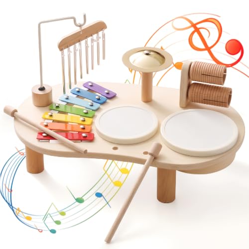 Wooden Drum Set for Toddlers 1-3, Montessori Musical Toy for Kids
