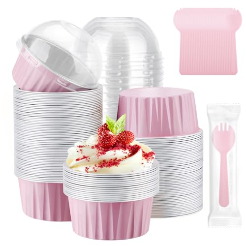 EUSOAR Disposable Ramekins with Lids and Plastic Sporks, 120pcs 5oz Mini Cheesecake Cake Pans, Aluminum Foil Dessert Muffin Creme Brulee Cupcake Liners Ramekins Disposable for Wedding Birthday Party