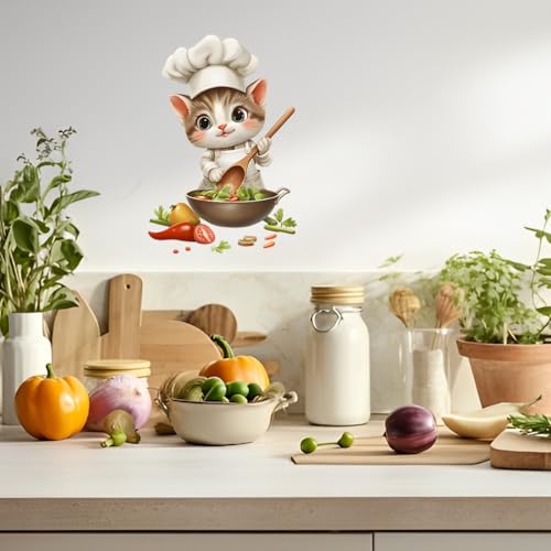 3 Stück Wandtattoo Küche Selbstklebend, Wandsticker Küche süss kleine Katze Koch, Wanddeko Küche Katze Küchenmeister, Kinderzimmer Wanddeko für Wohnzimmer, Schlafzimmer, Esszimmer