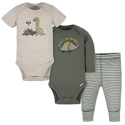 Gerber Baby Boys' 3-Piece Onesies Bodysuits and Pant Set, Green Dinosaur Print, 0-3 Months