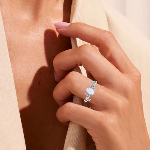 Pear Cut White Opal Vine Leaf Rings for Women S925 Sterling Silver 6X8 MM Created Opal Art Deco Inspired Leaf Ring Promise Statement Anniversary Ring for Her Size 5-94