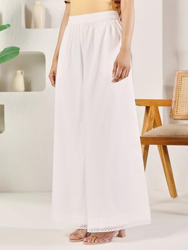 Image of FIORRA Women's White Cotton Solid Palazzo with Lace