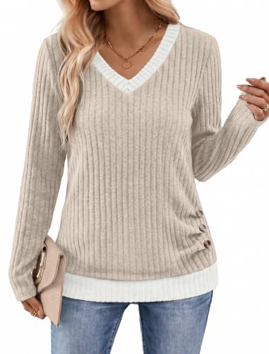 Sampeel Long Sleeve Shirts for Women V Neck Color Block Tops Apricot S - image 1