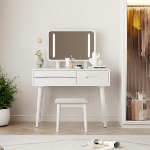 Image of KungFuWood Soild Wood Vanity Table 40 in with 3 Lighting Modes Mirror High Adjustable, Make Up Desk Large Dressing Table, Makeup Vanity 3 Drawer Dresser Vanity Table