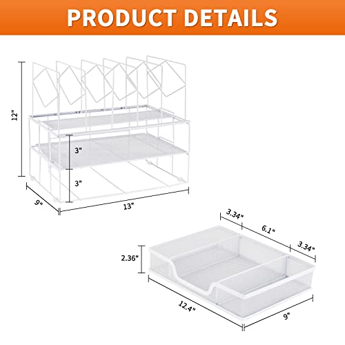 gianotter Desk Organizers and Accessories, Office Supplies Organizer with Sliding Drawer, Double Tray 5 Upright Section ​File Sorter (White)