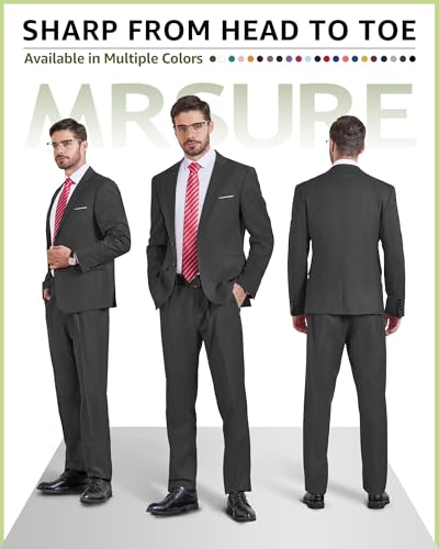 MrSure Men's 2 Piece Slim Fit Suit with Two-Button, Solid Stretch Jacket Pants & Tie Set.2