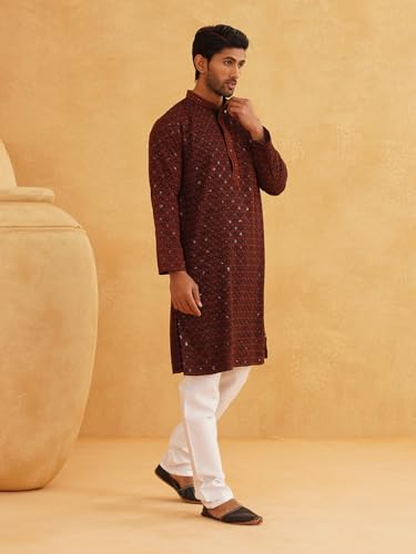 Image of SOJANYA Men's Coffee Brown Cotton Blend Kurta with Intricate Embroidery & Subtle Sequin Work