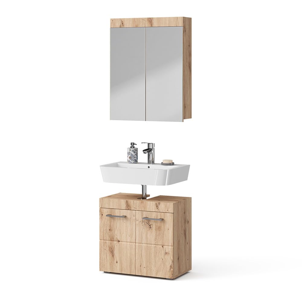 Vicco Set mobili bagno Luna, Quercia Wotan, 60 cm, composto da specchio da bagno e mobile sottolavabo