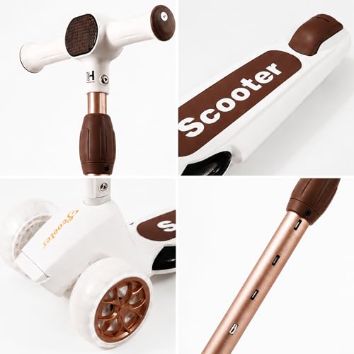 Image of Heega Foldable Kick Scooter for Kids with 4 Level Adjustable Height, PU LED Wheels, Lights and Music for 3+ Years Baby Boy & Girl of Up to 75kg Weight (Cream Gold)