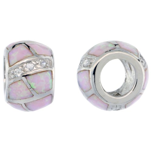 Sterling Silver Synthetic Light Pink Opal Bead Charm Cz Stones Fits Pandora And All Charm Bracelets, 3/8 Inch #TOP20