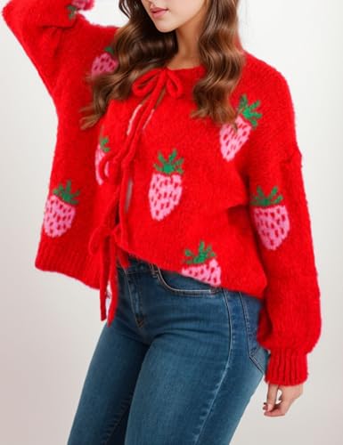 Image of FindThy Women's Tie Front Cardigan Sweater Cute Long Sleeve Crew Neck Bow Knot Knit Outwear
