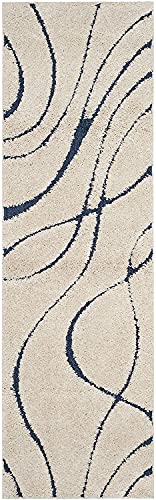 Image of (Pack of 2 Geometric Wave Shaggy Carpet for Living Room, Bedroom, High Low Design Finish Microfiber 2 in Pile High, 1.6x5 Feet Runner Ivory|Blue Color