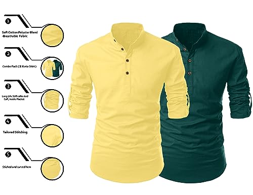 Image of FINIVO FASHION Combo of Men's Cotton Blend Solid Regular Fit Full Sleeve Straight Short Kurta Shirt, Casual and Formal Wear