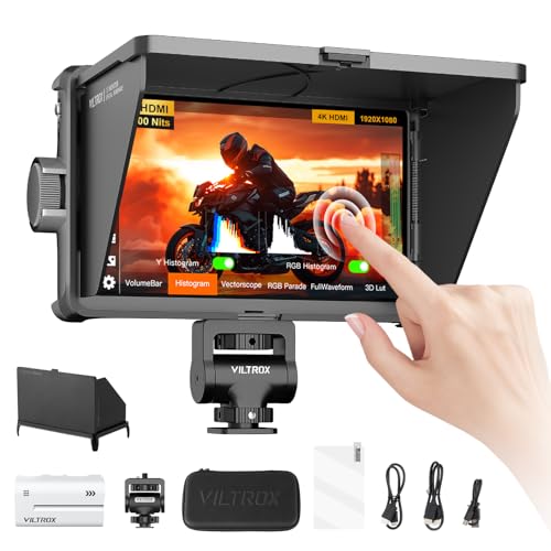 VILTROX DC-A1 Moniteur de Terrain pour Caméra Ecran Tactile,Externe Camera Monitor 2800Nits Haute Luminosité 7 Pouces 1920x1080 3D LUT avec Ventilateur,Batterie,Pare-Soleil pour Sony Canon Nikon Fuji