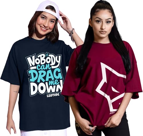 Image of LEOTUDE Cottonblend Oversized Half Sleeve Colorful Printed Combo T-Shirts for Women (Pack of 2)