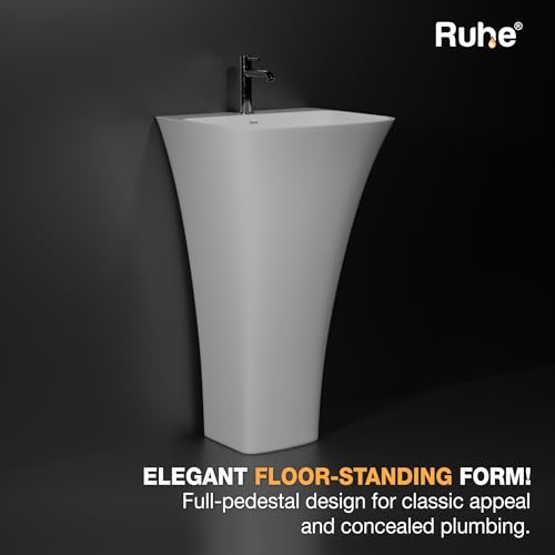 Image of Ruhe Belvoir Pedestal Wash Basin - White | 16x15x32 Inches | Ceramic, Glossy Sink | Floor-Mount | Modern Bathroom Look & Durable Quality