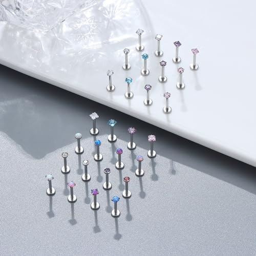 Besteel 28Pcs Threadless Nose Rings Studs Set Surgical Steel Lip Nostril Labret Medusa Piercing Jewelry Push in Tragus Conch Helix Flat Back Earrings for Women Men 16G 18G 20G 6/8mm - Thumbnail 7