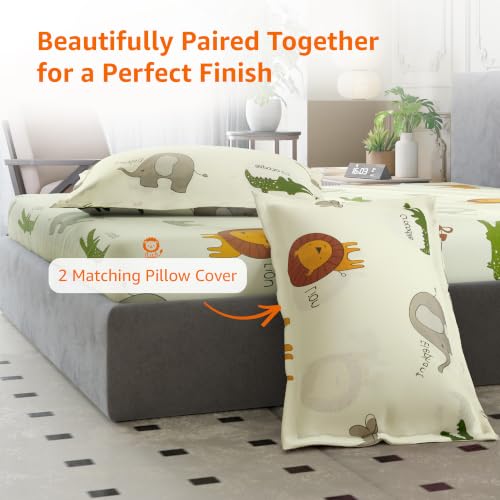 Image of Amazon Basics - 100% Cotton Kids Bedsheet | 144TC |Flat Queen Bed Sheet with 2 Pillow Cover|Soft Cotton | Cartoon Print | 88 Inch x 90 Inch, Lion Themed Queen Bedsheet