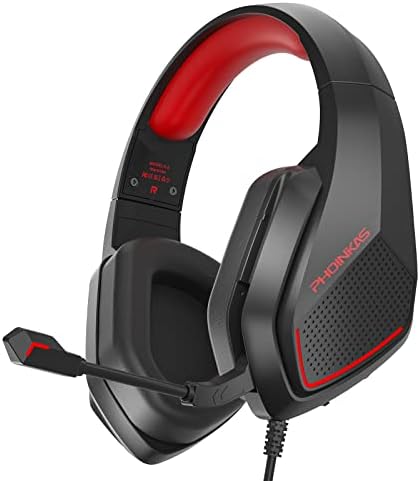 PS4 Gaming Headset for PC Xbox One PS5 Switch, H5 Over Ear Stereo Headphones with Noise Cancelling Mic, LED Light, 3.5mm Wired Headset for Laptop Tablet Phone NES Games (Red)