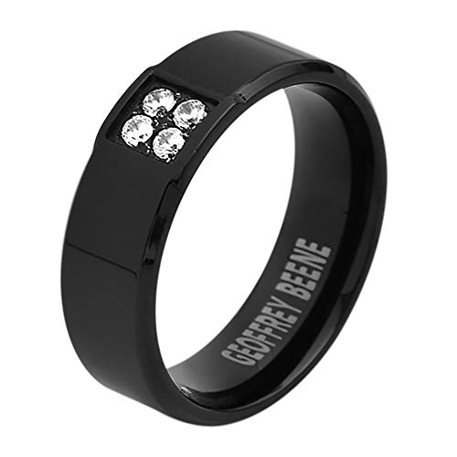 Geoffrey Beene Mens Comfort Fit Stainless Steel Ring Wedding Band with 4 Cubic Zirconia Stones, Black